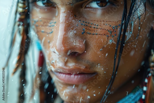 A close-up of a young person with tribal face paint and beads, expressing intense emotions during a rain shower