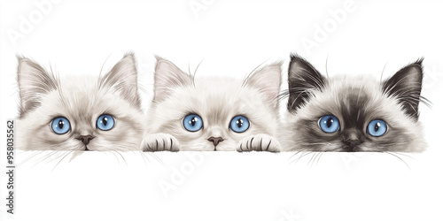 Cute cats peeking over web banner isolated on white background, watercolor style, clipart style