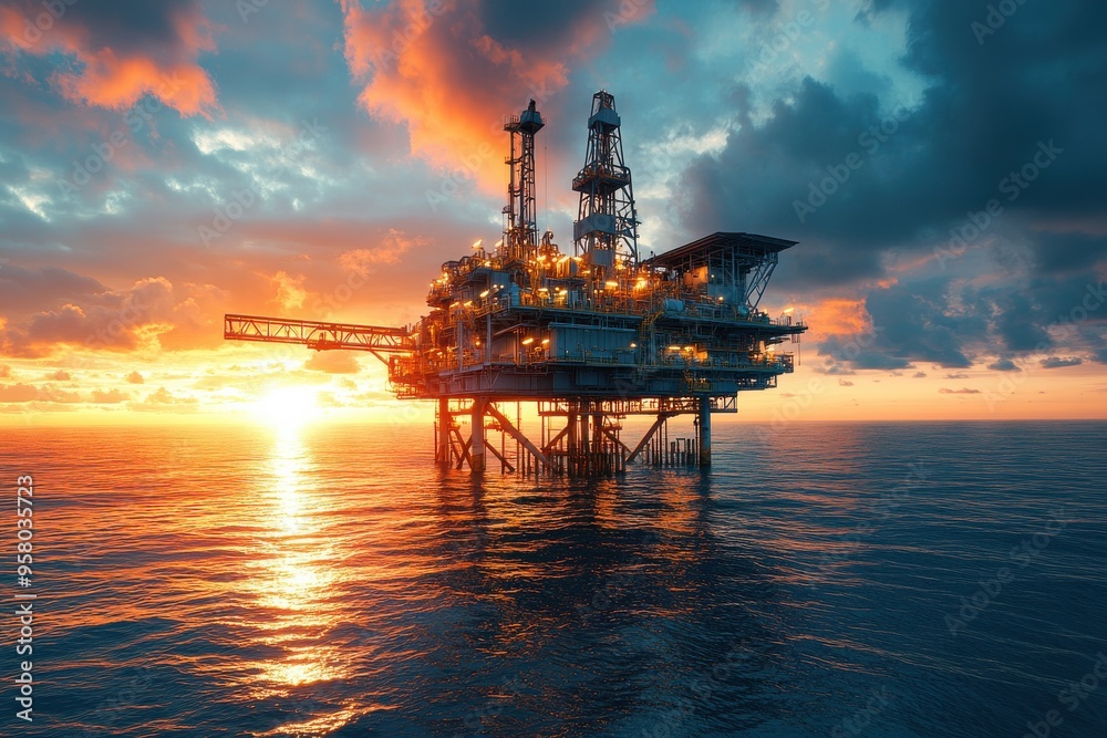 Offshore oil rig at sunset over the ocean Offshore oil rig at sunset over the ocean