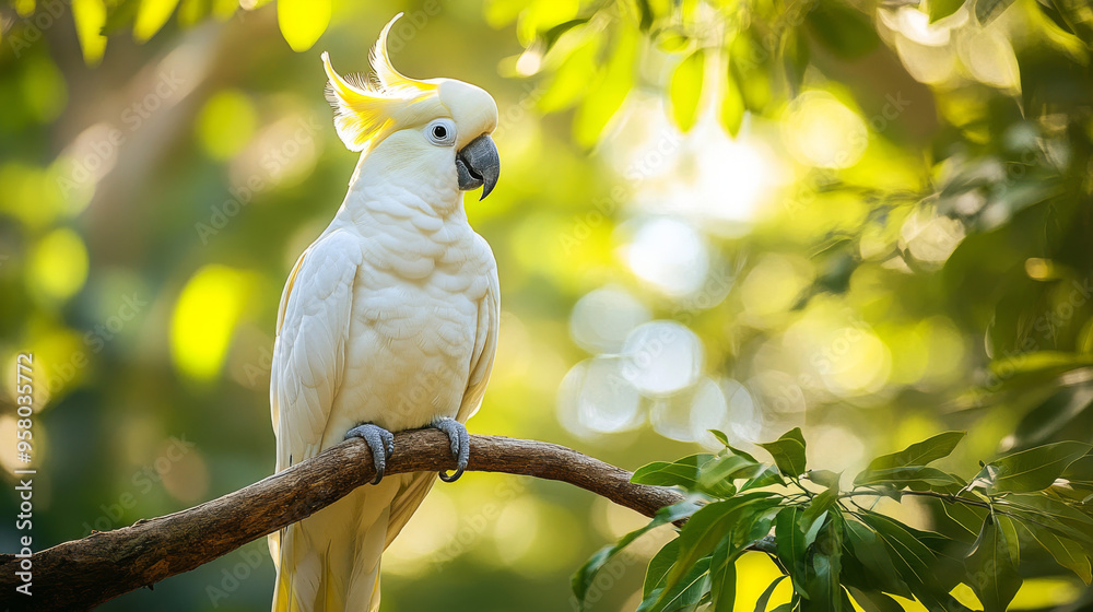 White Cockatoo Perched on Branch in Lush Green Foliage White Cockatoo Perched on Branch in Lush Green Foliage