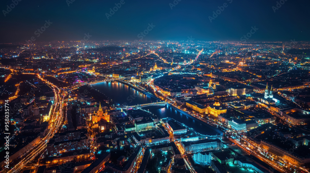 Fototapeta premium Panoramic view of Moscow at night from above.