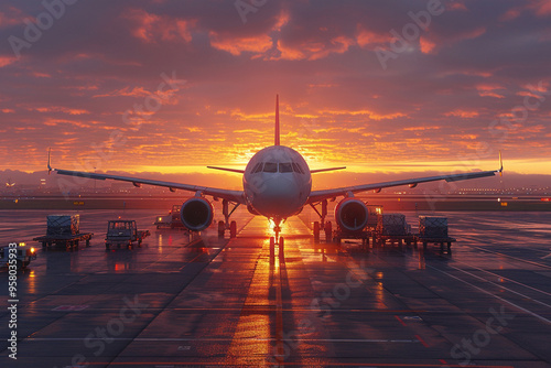 At break of a glorious sunrise, a panoramic view of airport reveals a bustling scene as a passenger plane sits majestically on tarmac, surrounded by a flurry of activity as dedicated maintenance crews photo