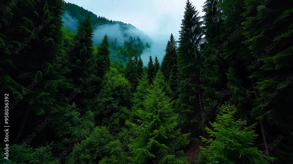 Morning mist rolling through a dense forest, foggy weather, mysterious ambiance Morning mist rolling through a dense forest, foggy weather, mysterious ambiance