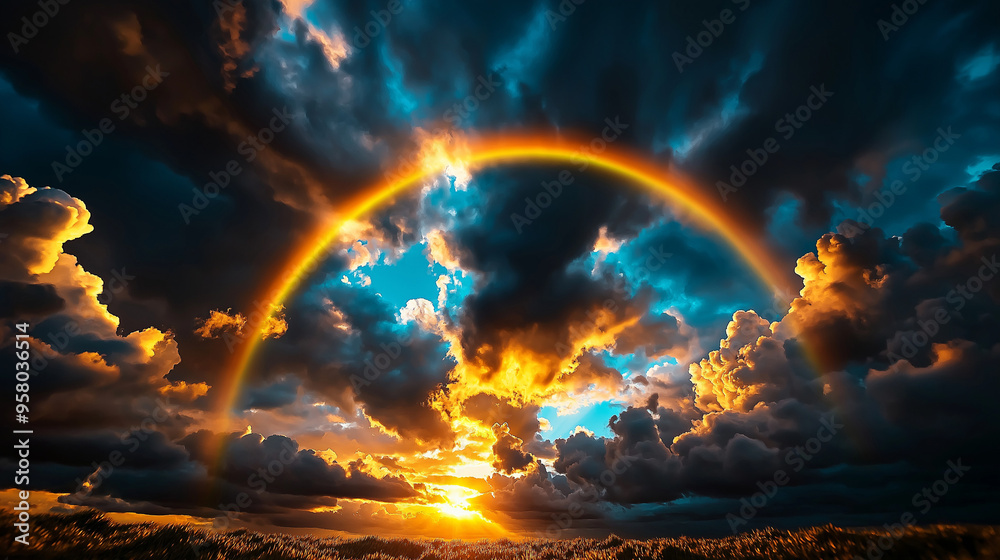 Rainbow arching across a cloudy sky after a rainstorm, colorful weather phenomenon Rainbow arching across a cloudy sky after a rainstorm, colorful weather phenomenon