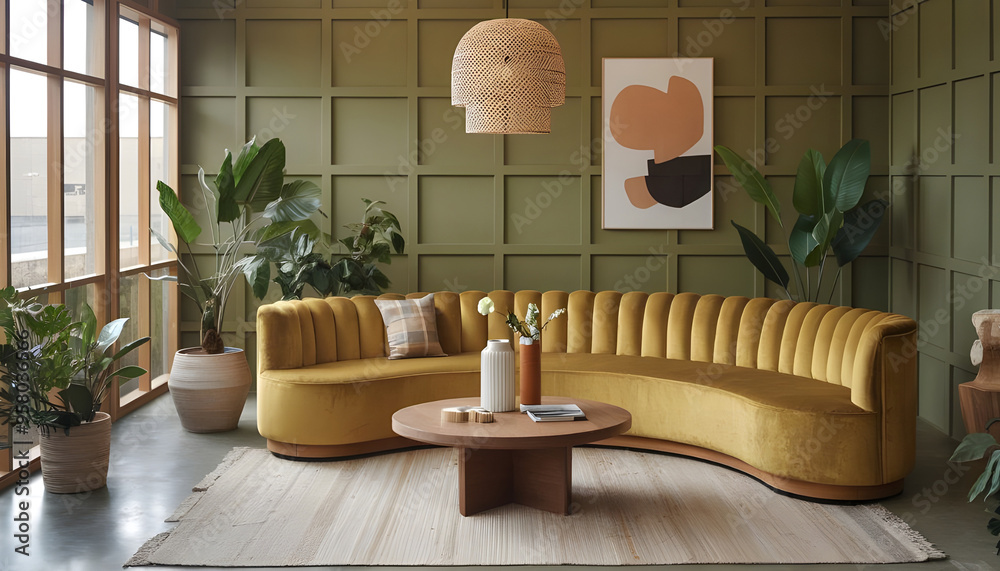Cozy interior design of modern living room with yellow sofa and ...