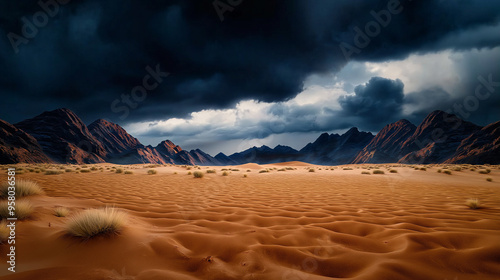 Sandstorm sweeping across a barren desert, harsh weather, gritty atmosphere photo