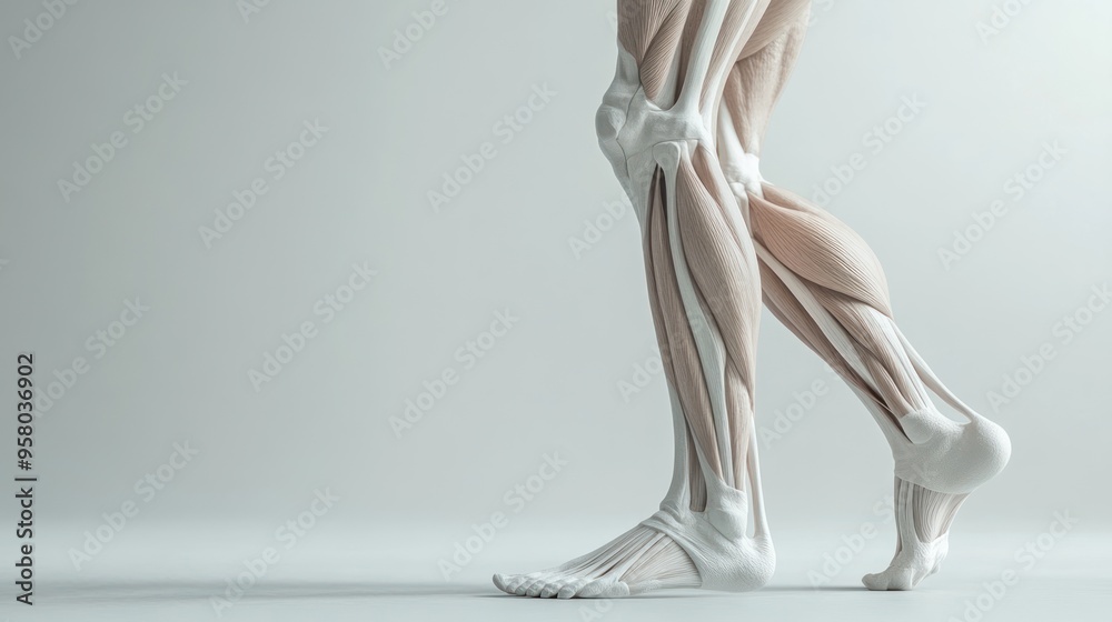 A close-up view of a human leg with visible bones and muscles, isolated on a white background. A close-up view of a human leg with visible bones and muscles, isolated on a white background.