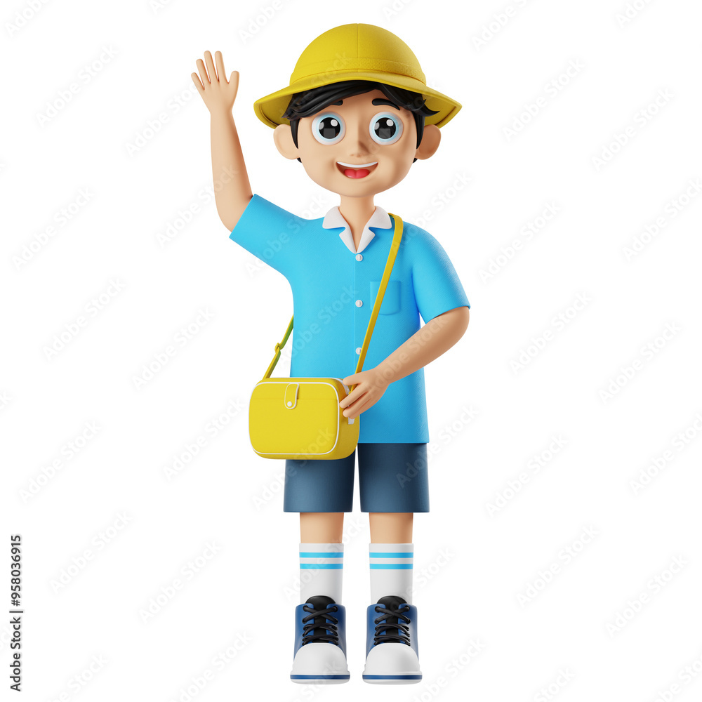 3D Character Kindergarten Children Waving Hands