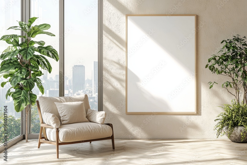 Poster Frame in Beige minimalist living room interior created with generative AI Poster Frame in Beige minimalist living room interior created with generative AI