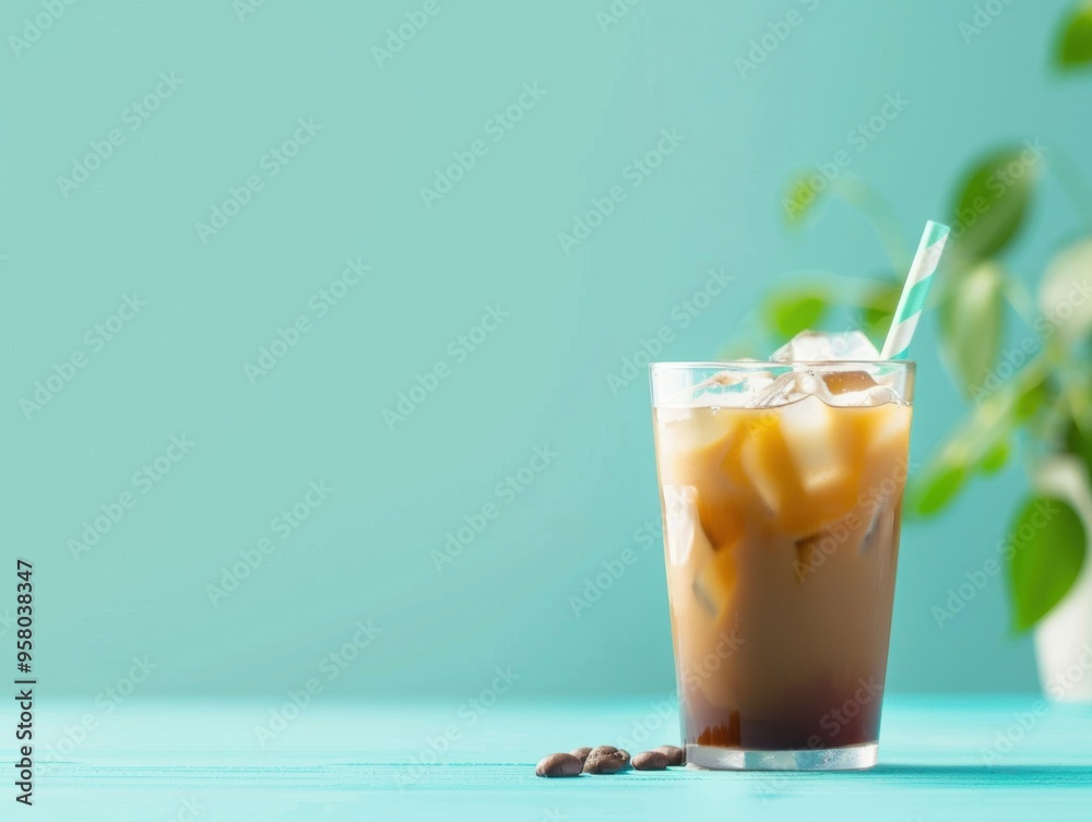 A refreshing iced coffee with cream, served in a glass with ice cubes and a straw, placed on a vibrant turquoise surface alongside scattered coffee beans A refreshing iced coffee with cream, served in a glass with ice cubes and a straw, placed on a vibrant turquoise surface alongside scattered coffee beans