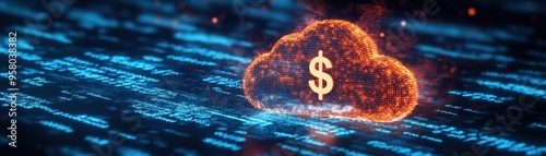 Digital cloud with a dollar symbol, representing finance and technology in a modern economy with glowing data streams.