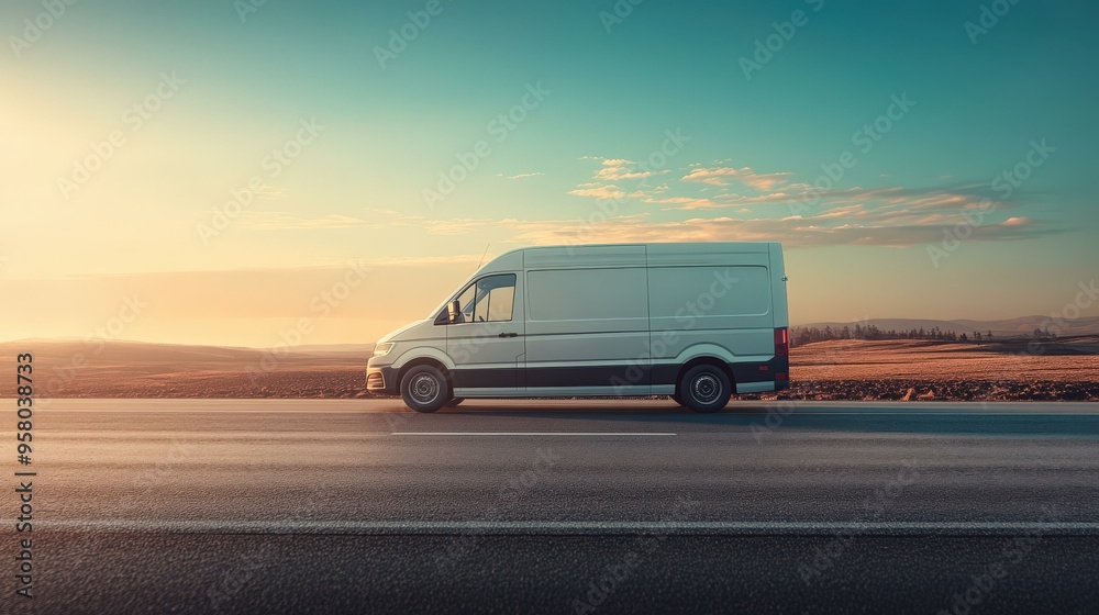Fototapeta premium White Delivery Van Driving on Road at Sunset