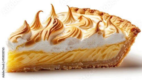 A slice of lemon meringue pie with golden brown crust and fluffy meringue topping photo