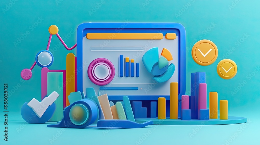 3D SEO optimization and web analytics concept, a realistic rendering of digital marketing tools and strategies for modern business visuals. 3D SEO optimization and web analytics concept, a realistic rendering of digital marketing tools and strategies for modern business visuals.
