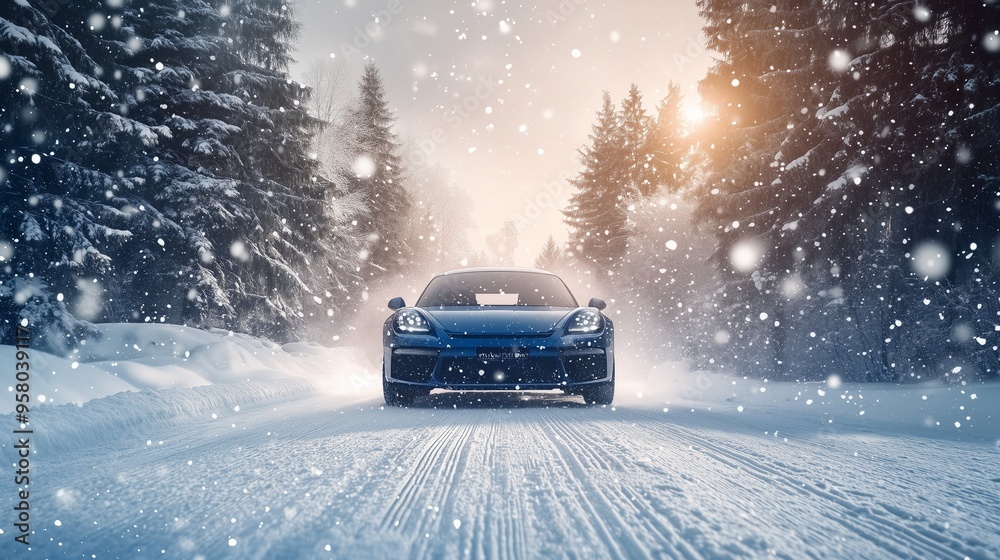 Orchid car making its way down a snow packed road, snowflakes dancing around the car Orchid car making its way down a snow packed road, snowflakes dancing around the car