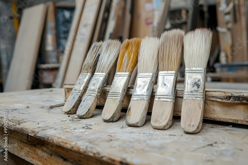 Six Paintbrushes Laying on a Wooden Table photo