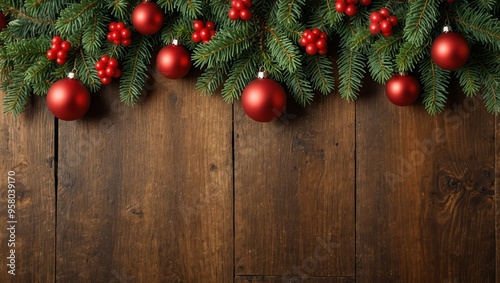 Christmas fir tree with decoration on wooden board
