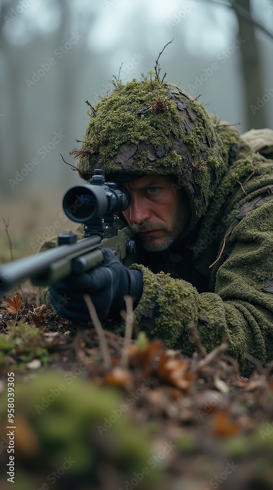 Sniper in camouflage observing the battlefield with intense focus Sniper in camouflage observing the battlefield with intense focus