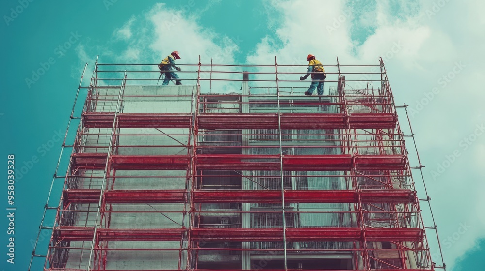 Naklejka premium Workers are constructing a modern building using scaffolding under a bright blue sky, emphasizing teamwork and safety in construction.