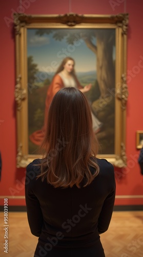 Woman admiring classic painting in a historic art gallery