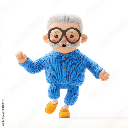 AA cute, cartoon-style character of a senior man with gray hair and a mustache, wearing blue pajamas and yellow slippers, running on a white back ground