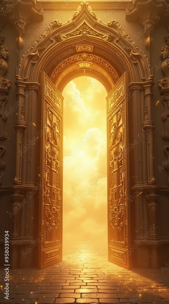 Ethereal golden gates opening to a heavenly light in paradise Ethereal golden gates opening to a heavenly light in paradise