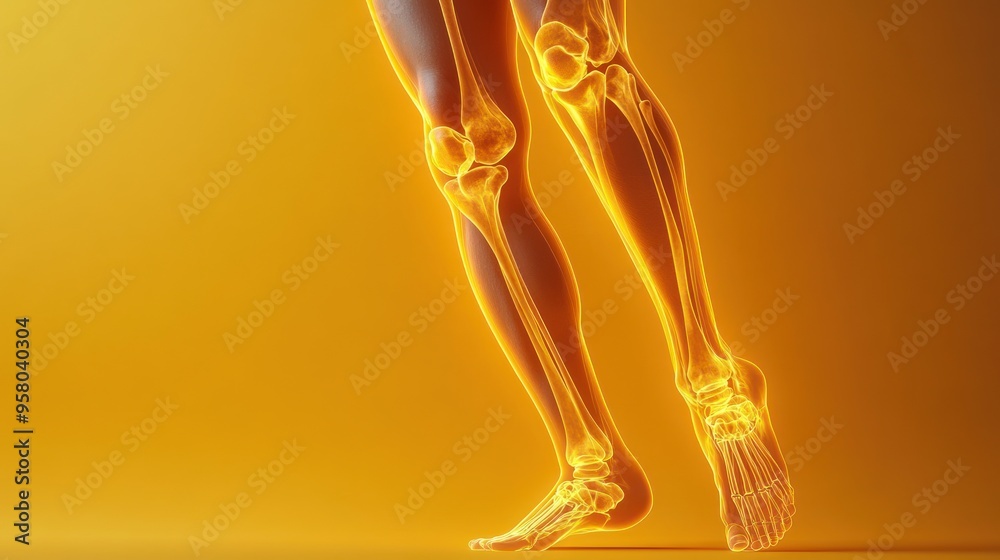 Close-up of a human skeleton's lower leg and foot, with the bones glowing in an orange light against a yellow background.