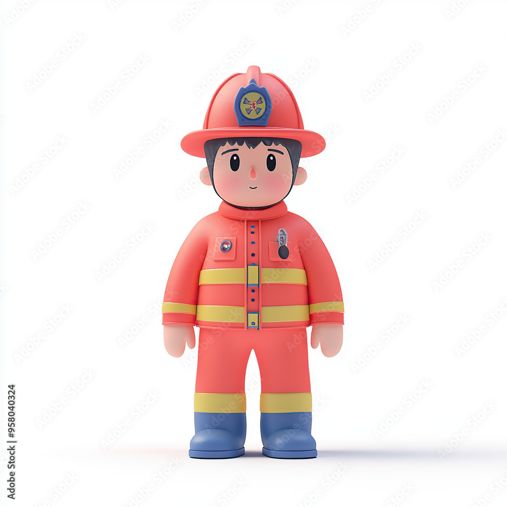 A cute, cartoon-style firefighter with a red helmet, jacket, and pants standing on a white background A cute, cartoon-style firefighter with a red helmet, jacket, and pants standing on a white background