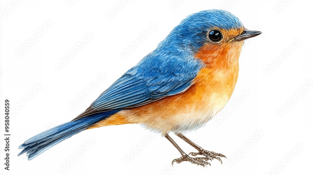 Bluebird on White Background: A vibrant bluebird with a bright orange chest stands on a white background, showcasing its delicate features and striking colors. This image evokes feelings of peace, fre Bluebird on White Background: A vibrant bluebird with a bright orange chest stands on a white background, showcasing its delicate features and striking colors. This image evokes feelings of peace, fre