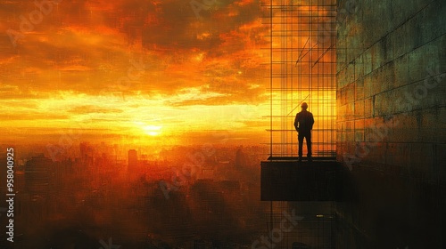 A silhouette of a worker overlooking a vibrant sunset from a construction site, symbolizing hope and progress.