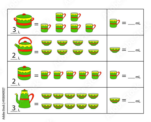 Educational game for kids. Write the capacity of each kitchenware.