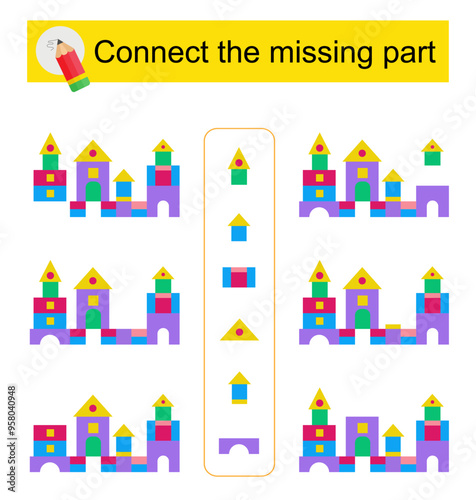 Connect the missing part. Attention task for kids. Cartoon castle.