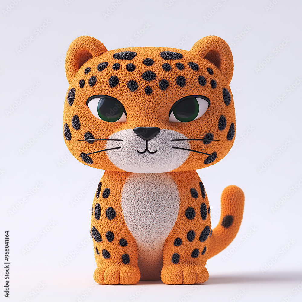 A cute, cartoon-style leopard with black spots and green eyes sitting on a white background