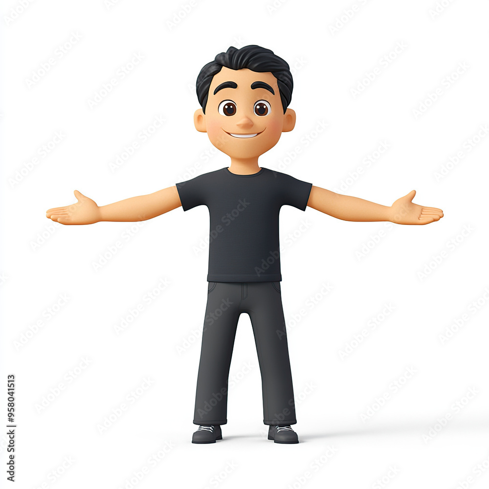 A cute, cartoon-style man with black hair wearing a black shirt and pants is standing with arms outstretched, welcoming or presenting something a white background A cute, cartoon-style man with black hair wearing a black shirt and pants is standing with arms outstretched, welcoming or presenting something a white background