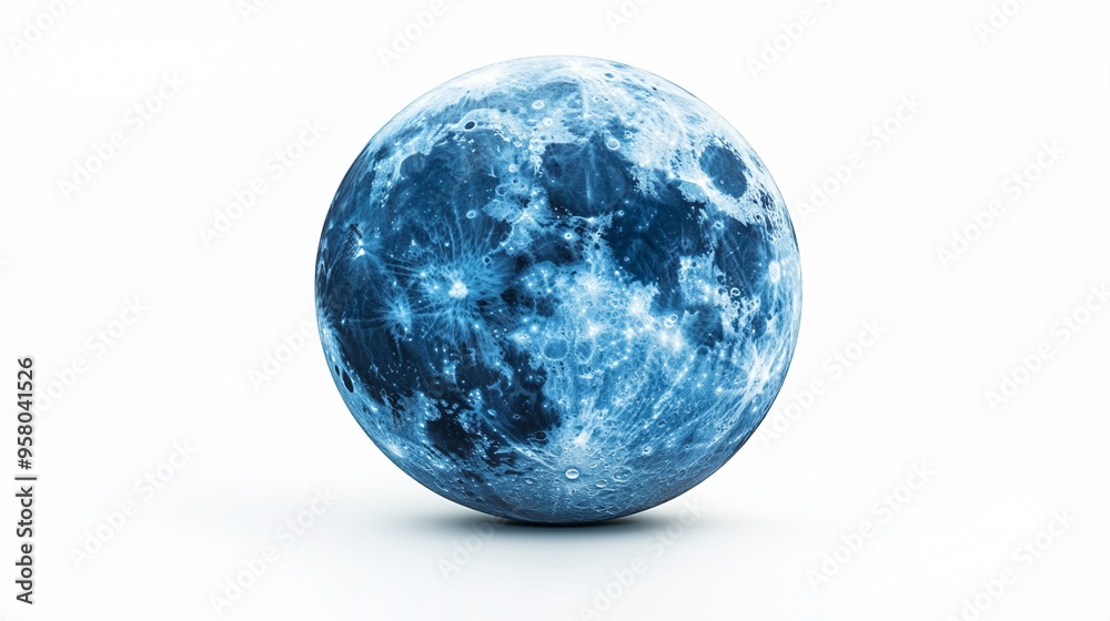 Azure Lunar Dream: A captivating 3D render of the moon bathed in cool blue hues against a stark white backdrop, evoking a sense of ethereal beauty and tranquility. Azure Lunar Dream: A captivating 3D render of the moon bathed in cool blue hues against a stark white backdrop, evoking a sense of ethereal beauty and tranquility.