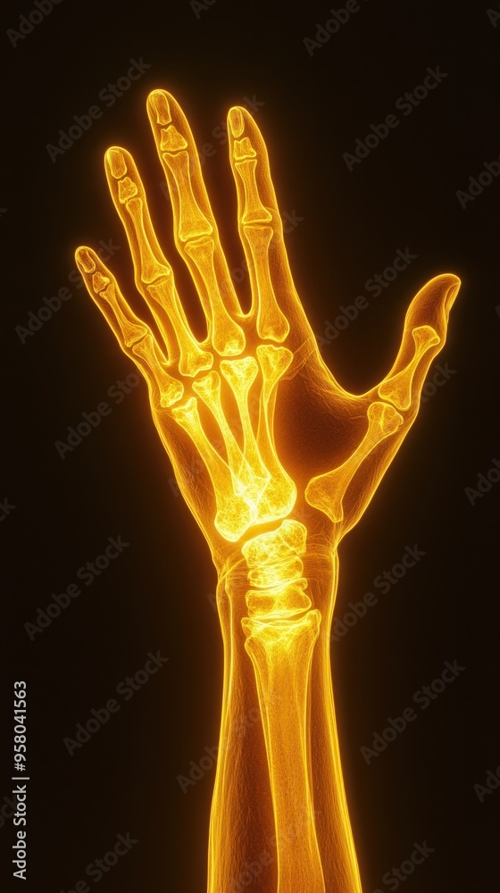 A detailed 3D rendering of the bones in a human hand and forearm, glowing in warm yellow light against a black background. A detailed 3D rendering of the bones in a human hand and forearm, glowing in warm yellow light against a black background.