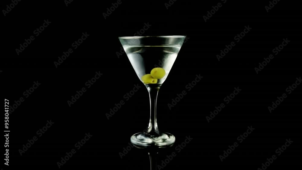Martini glass with olives over black background animation Martini glass with olives over black background animation