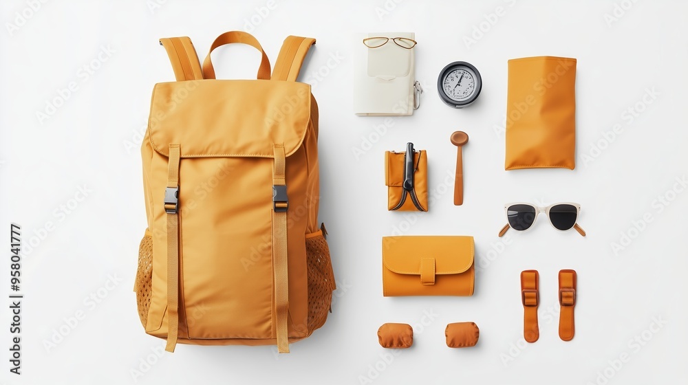 Stylish orange backpack and accessories arranged neatly on a white surface for back-to-school or travel Stylish orange backpack and accessories arranged neatly on a white surface for back-to-school or travel
