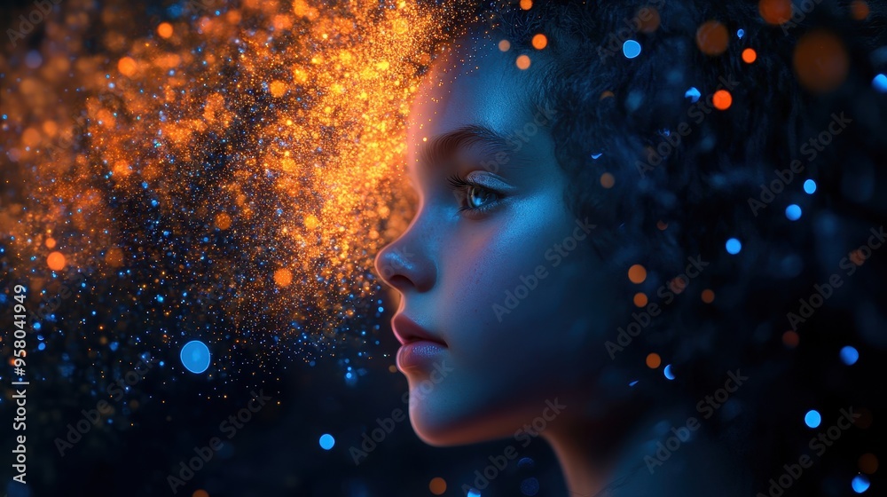Girl's features highlighted by glowing energy lines symbolizing AI Girl's features highlighted by glowing energy lines symbolizing AI