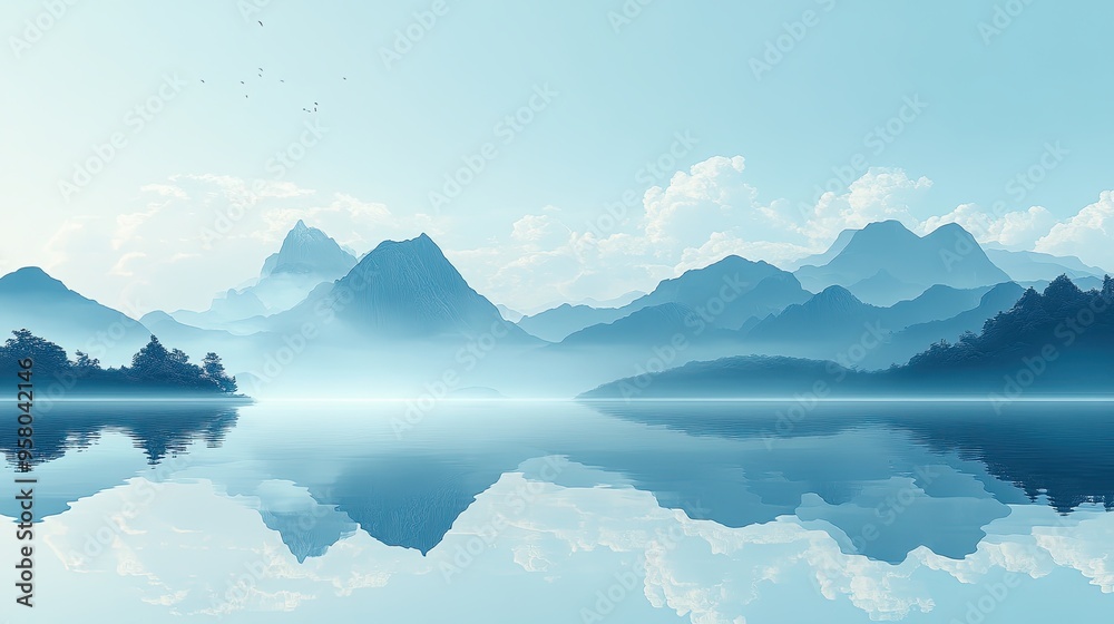 13. A serene album cover design featuring a tranquil lake reflecting a mountain range, with a clear blue sky and a few fluffy white clouds, the scene bathed in the soft light of early morning, 13. A serene album cover design featuring a tranquil lake reflecting a mountain range, with a clear blue sky and a few fluffy white clouds, the scene bathed in the soft light of early morning,