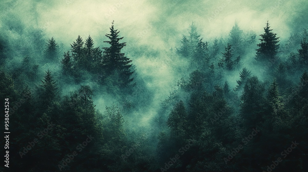 7. An atmospheric album cover depicting a dense forest shrouded in mist, with tall trees reaching towards a dimly lit sky, the scene bathed in shades of green and grey, creating a mysterious and 7. An atmospheric album cover depicting a dense forest shrouded in mist, with tall trees reaching towards a dimly lit sky, the scene bathed in shades of green and grey, creating a mysterious and