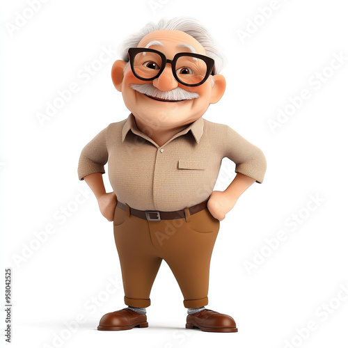 A cute, cartoon-style smiling elderly man wearing glasses, a tan shirt, brown pants, and brown shoes on a white background