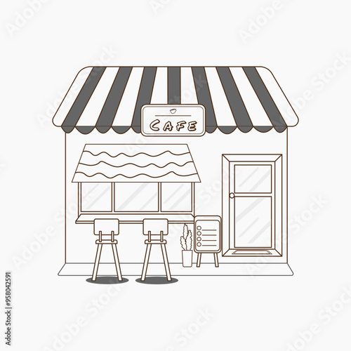 illustration of a cafe shop with chairs and tables in outline only