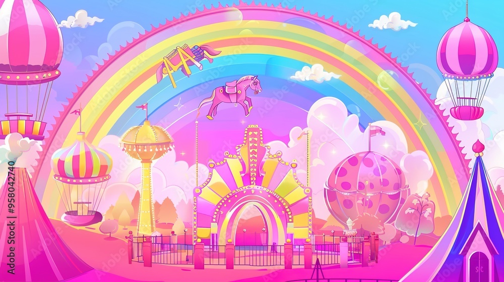 Fototapeta premium Kid playground park with rainbow cartoon