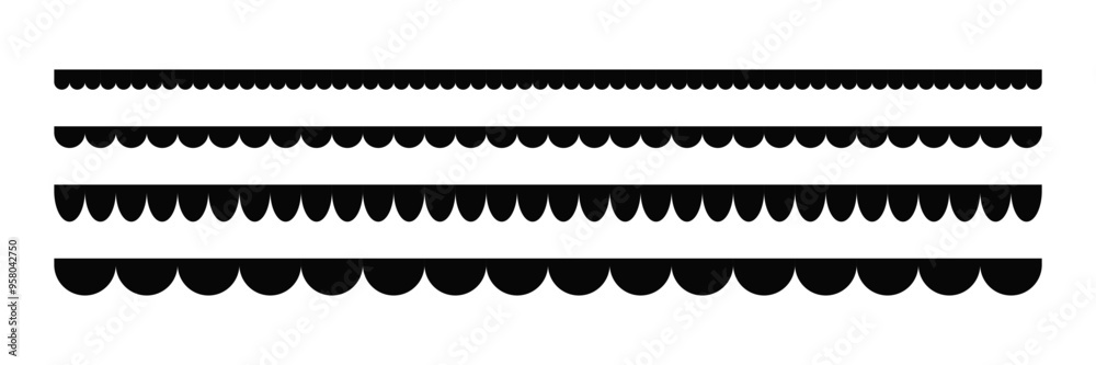 Scalloped edge seamless strokes set. Simple scalloped border. Fabric laces silhouette. Repeat cute vintage frill ornament. Texture ribbons. Vector illustration isolated on white background. Scalloped edge seamless strokes set. Simple scalloped border. Fabric laces silhouette. Repeat cute vintage frill ornament. Texture ribbons. Vector illustration isolated on white background.