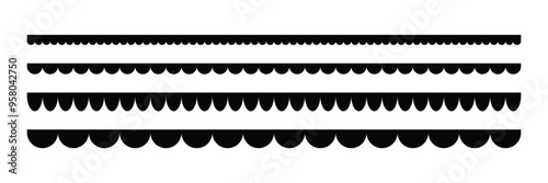 Scalloped edge seamless strokes set. Simple scalloped border. Fabric laces silhouette. Repeat cute vintage frill ornament. Texture ribbons. Vector illustration isolated on white background.