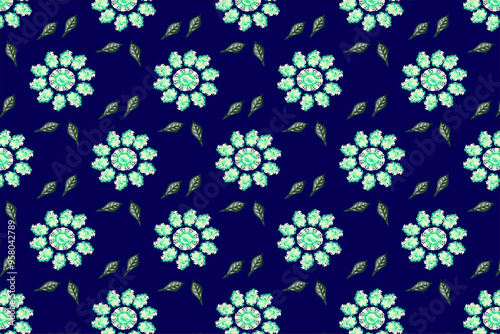 Azure Floral Dance: A captivating textile design featuring teal floral medallions waltzing across a deep blue canvas, accented by delicate green leaves. 