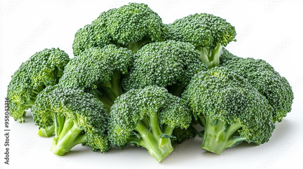 Fresh Broccoli Florets: A vibrant pile of fresh broccoli florets, ready to be cooked into a healthy and delicious meal. The florets are arranged in a visually appealing way, showcasing their bright gr Fresh Broccoli Florets: A vibrant pile of fresh broccoli florets, ready to be cooked into a healthy and delicious meal. The florets are arranged in a visually appealing way, showcasing their bright gr