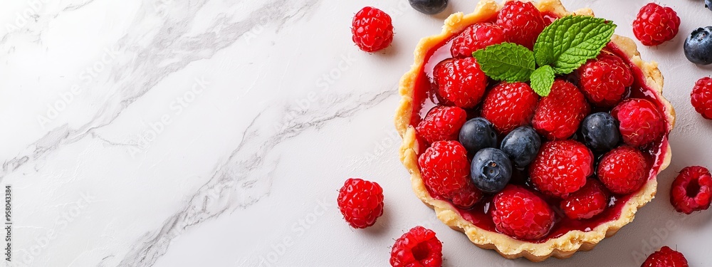 A pie, topped with raspberries, blueberries, and more raspberries, sits elegantly on a pristine white marble surface Garnished with mint leaves A pie, topped with raspberries, blueberries, and more raspberries, sits elegantly on a pristine white marble surface Garnished with mint leaves
