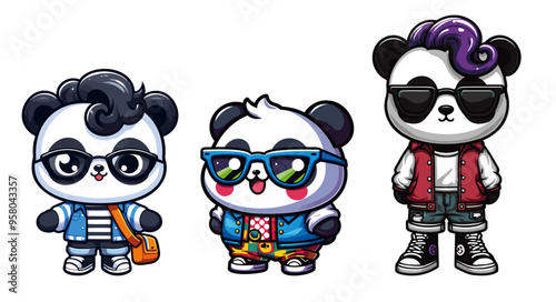 Stylized cartoon panda character in a trendy fashion outfit, designed as a vector graphic for design resources. The panda features a modern, chic look, perfect for graphic design projects, branding, 